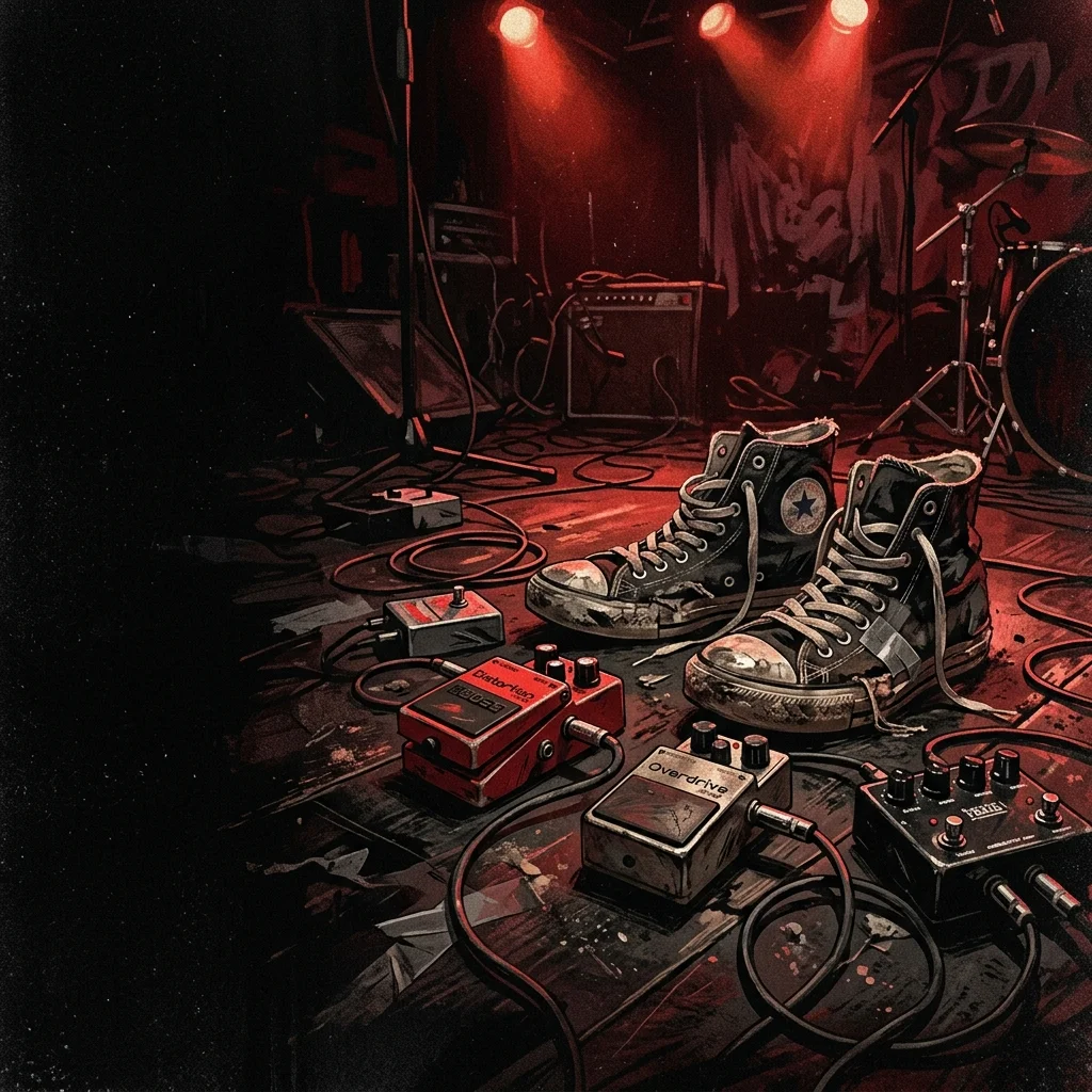 ilustración tributo de una batería destrozada entre humo y luz roja en un escenario vacío, estética grunge de los 90, paleta rojo y negro, sin texto ni logotipos
