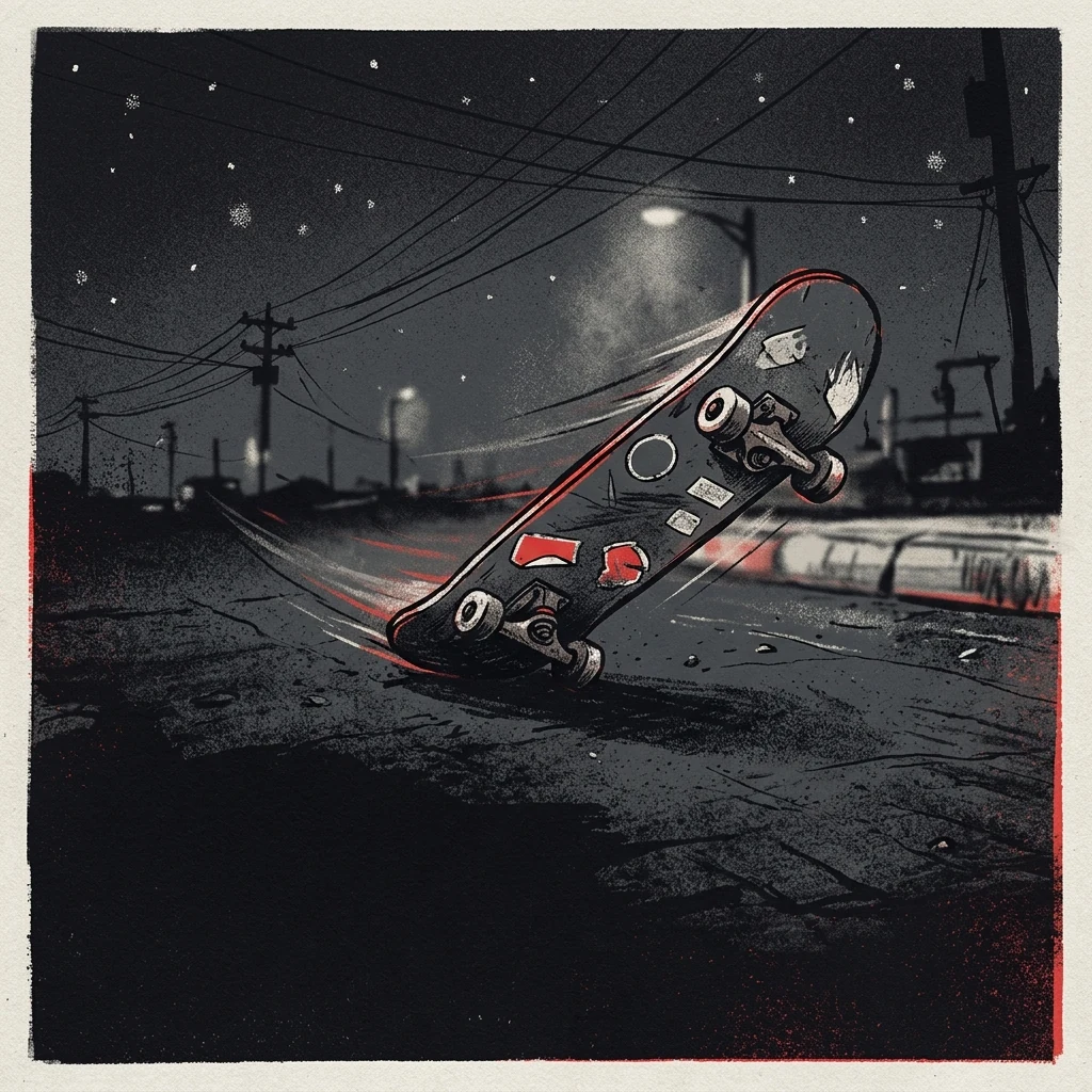 ilustración tributo de un skate rampante sobre asfalto nocturno californiano con cables eléctricos y estrellas, atmósfera rebelde y urgente, paleta rojo y negro, sin rostros reconocibles ni logos