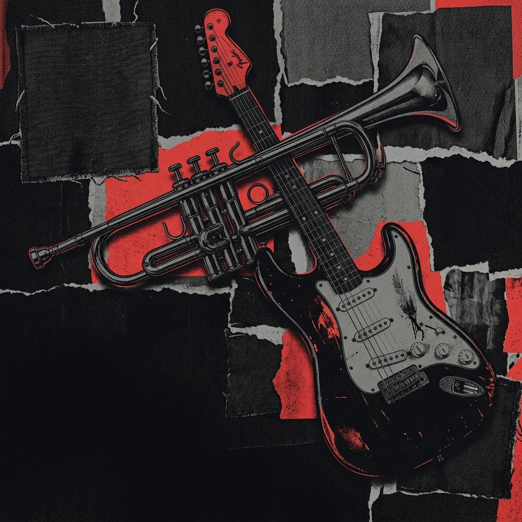ilustración tributo de una trompeta y una guitarra eléctrica entrelazadas sobre un fondo de letras manuscritas y parches de tela, símbolo de punk DIY californiano, paleta rojo y negro, sin rostros ni logos
