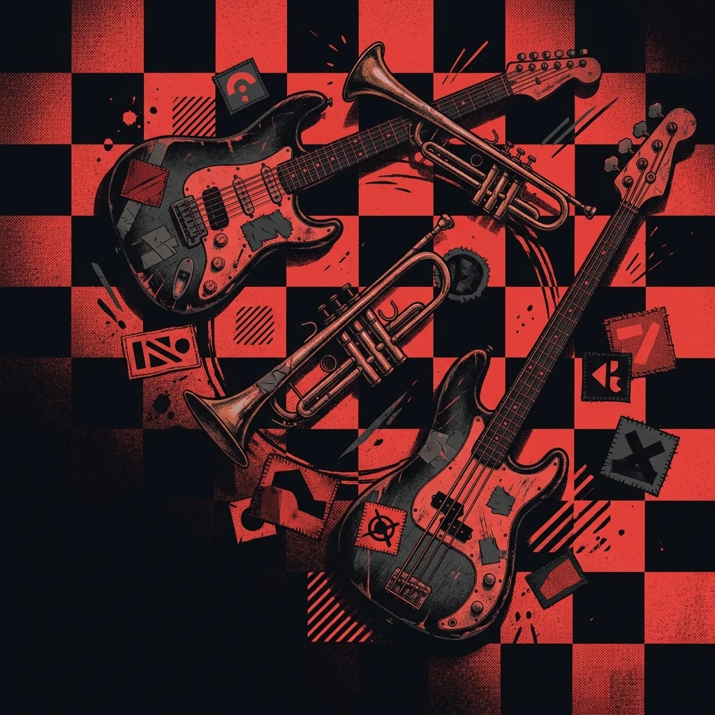 ilustración tributo de instrumentos punk —guitarra eléctrica, bajo, trompeta— dispuestos en espiral sobre un damero de rojo y negro, energía caótica y controlada, sin texto ni logotipos identificables