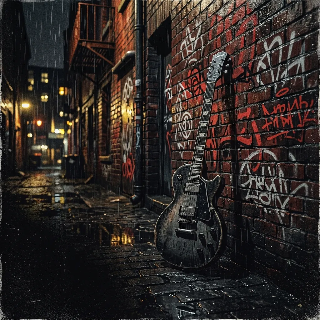 ilustración tributo de una guitarra eléctrica Epiphone bajo la lluvia nocturna de Manchester, grafitis en una pared de ladrillo rojo, atmósfera urbana y gris con destellos de luz amarilla, paleta rojo y negro, sin rostros reconocibles ni logos