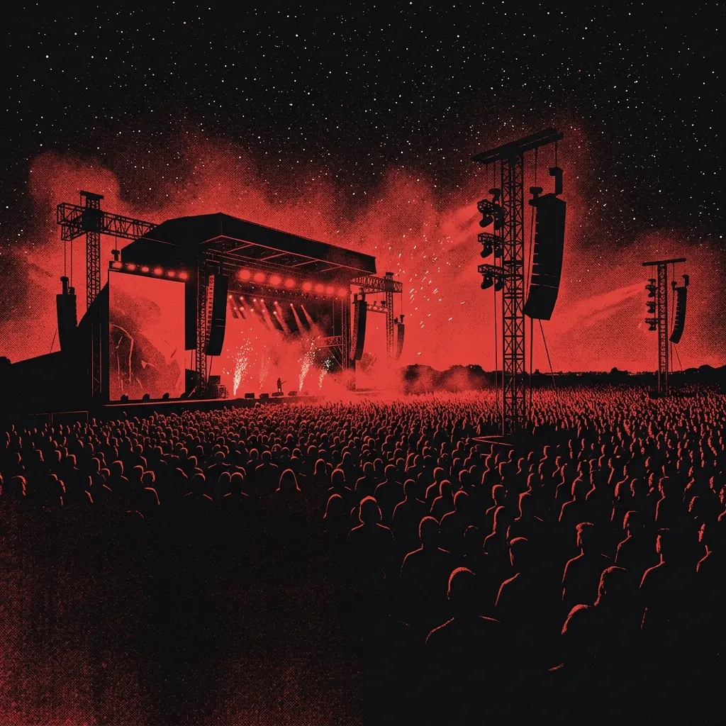 ilustración tributo de un escenario monumental iluminado en rojo bajo un cielo nocturno estrellado, multitud difusa en silueta extendida hasta el horizonte, atmósfera épica y eléctrica, paleta rojo y negro, sin rostros ni logos