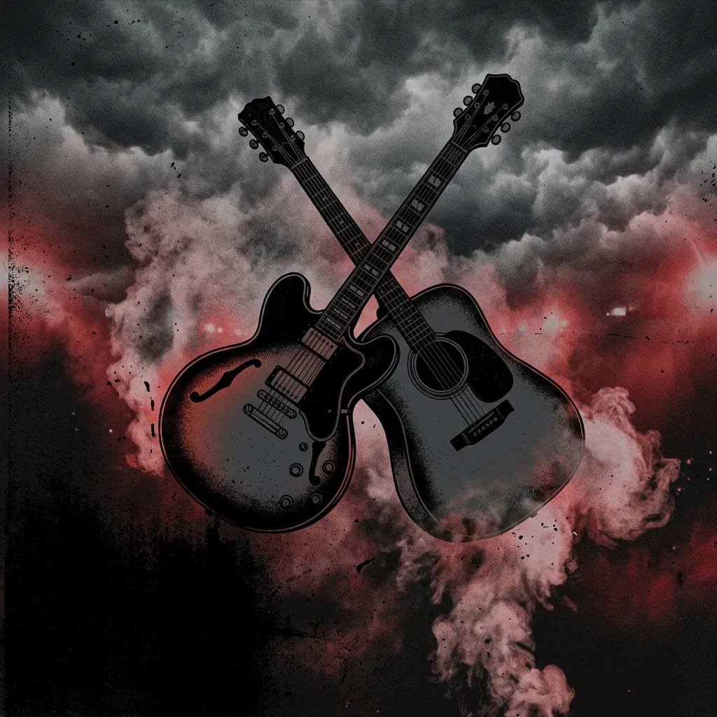 ilustración tributo de una Epiphone Sheraton y una guitarra acústica cruzadas sobre un fondo de cielo nublado manchesteriano, espirales de humo y luz roja difusa, ambiente de himno de estadio años 90, paleta rojo y negro, sin texto ni logotipos
