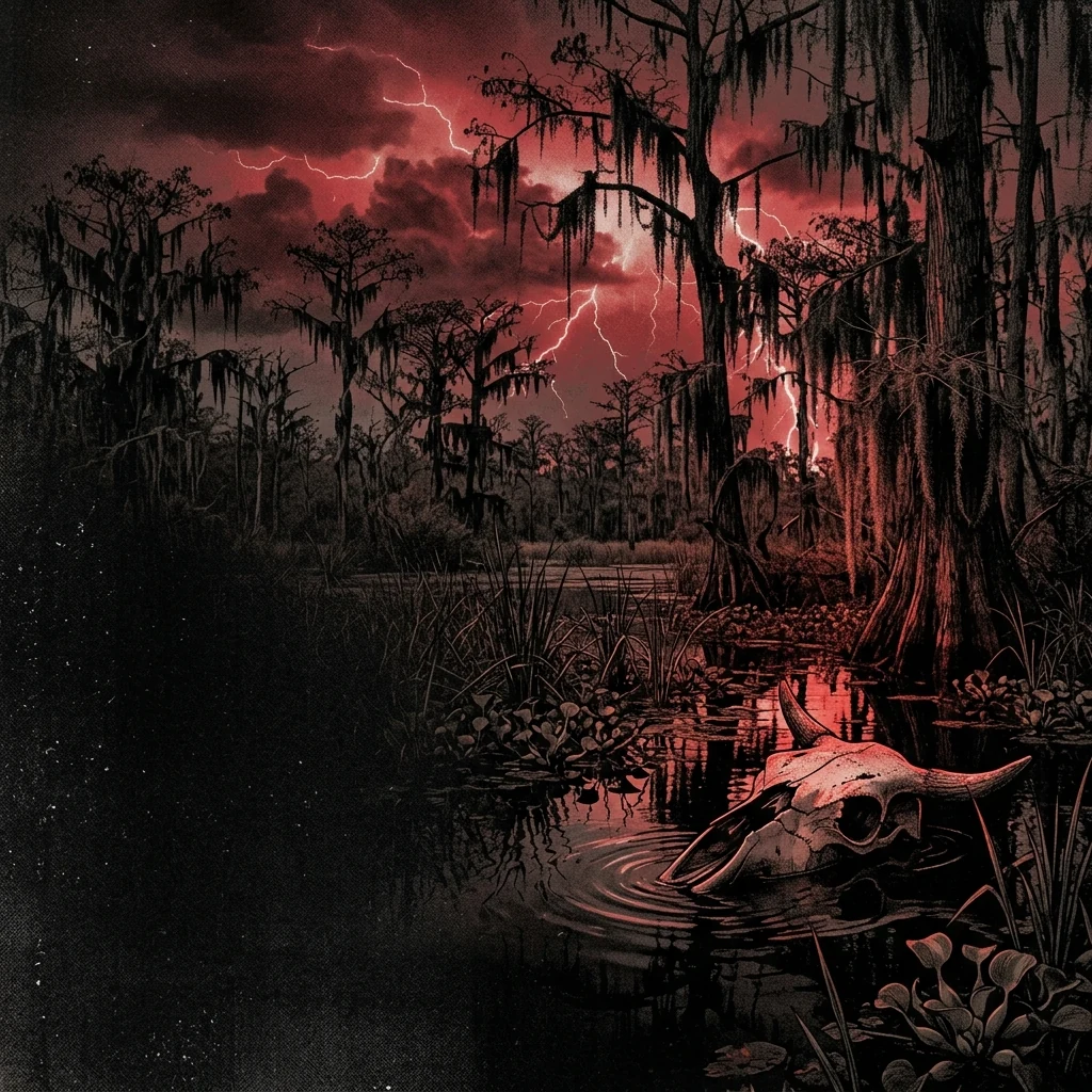 ilustración tributo de un pantano oscuro de Florida con árboles de ciprés cubiertos de musgo, calavera fragmentada hundiéndose en agua negra bajo relámpago rojo, atmósfera death metal Tampa años 80, sin rostros reconocibles ni logos, paleta rojo y negro
