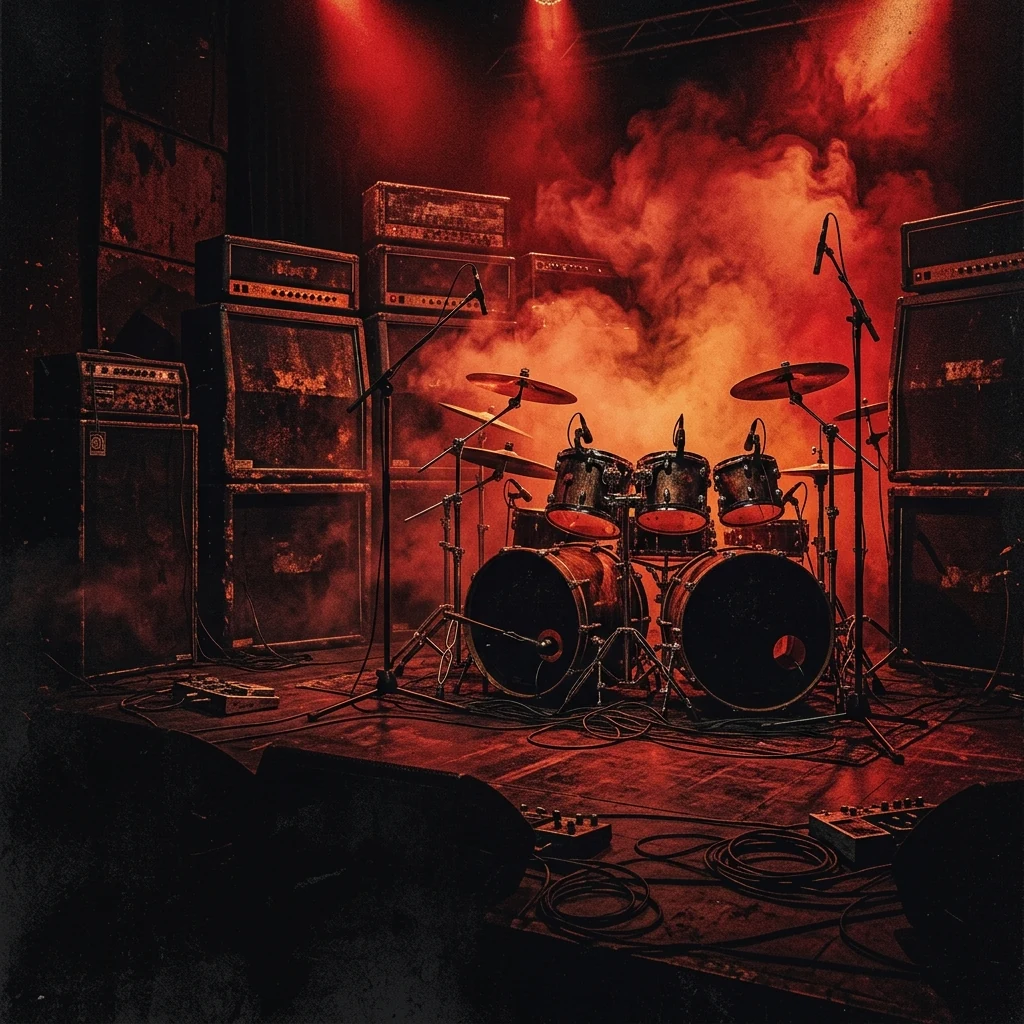 ilustración tributo de un escenario de metal en penumbra con amplificadores apilados y una batería envuelta en niebla roja oscura, atmósfera death metal de los años 90 y 2000, sin rostros ni logos, paleta rojo y negro con reflejos de luz naranja intensa