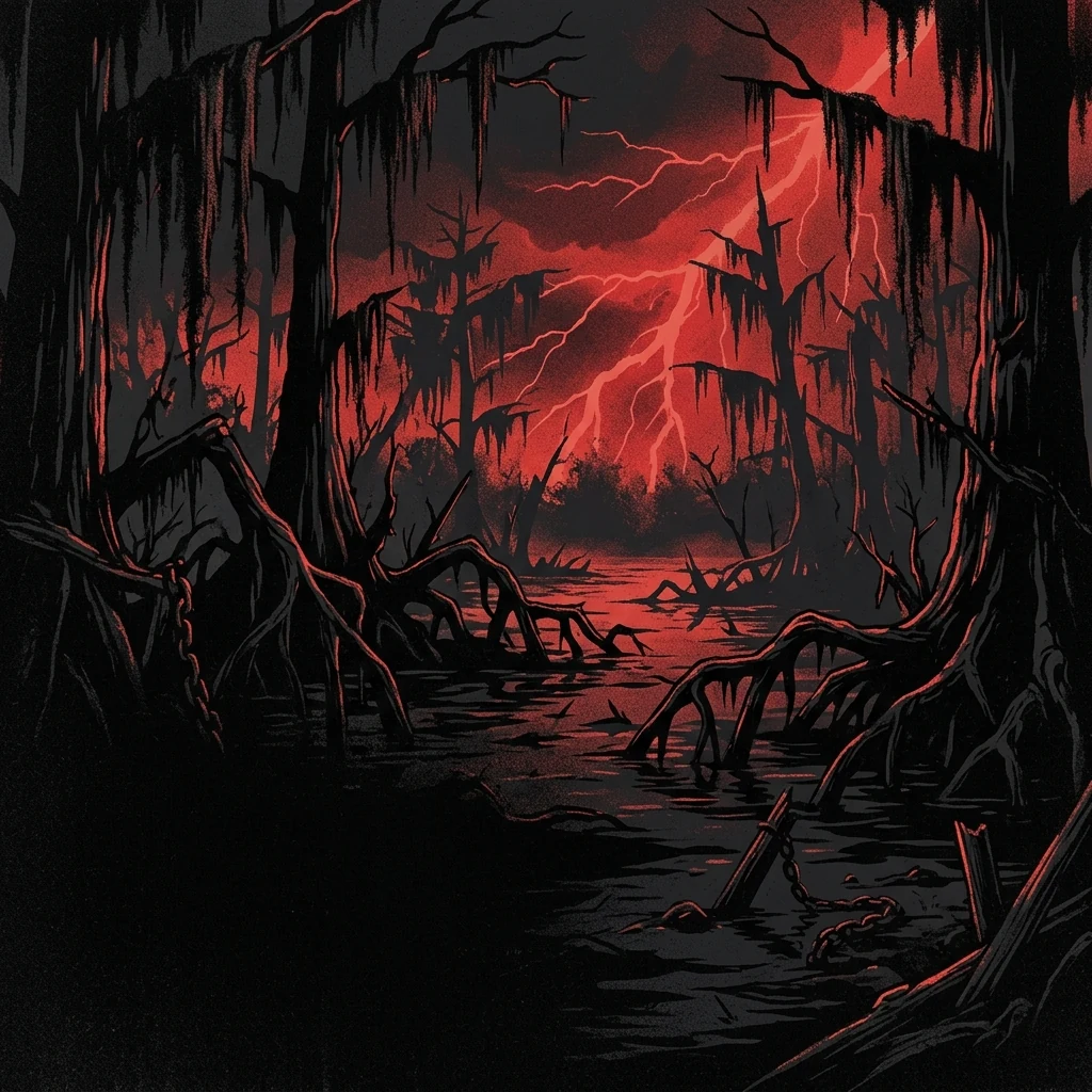 ilustración tributo de un pantano nocturno de Florida con raíces de mangle emergiendo del agua oscura, rayos carmesí en el cielo, ambiente death metal Florida opresivo y pesado, sin texto ni logotipos, paleta rojo y negro con verde apagado