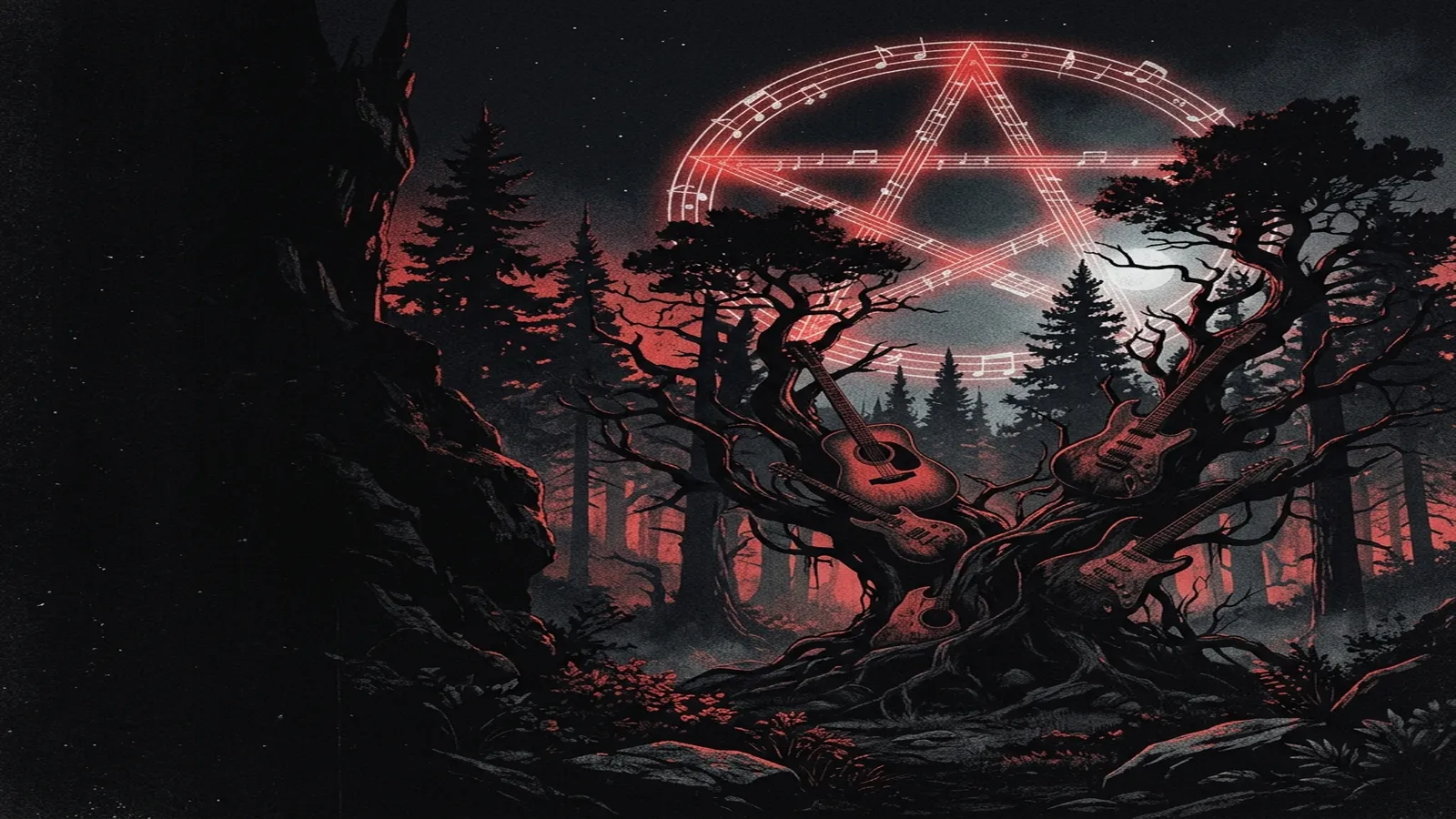 ilustración tributo de un bosque nórdico nocturno con guitarras acústicas y eléctricas entrelazadas entre los árboles, pentagrama musical en el cielo, atmósfera oscura y etérea, paleta rojo y negro, sin rostros ni logos