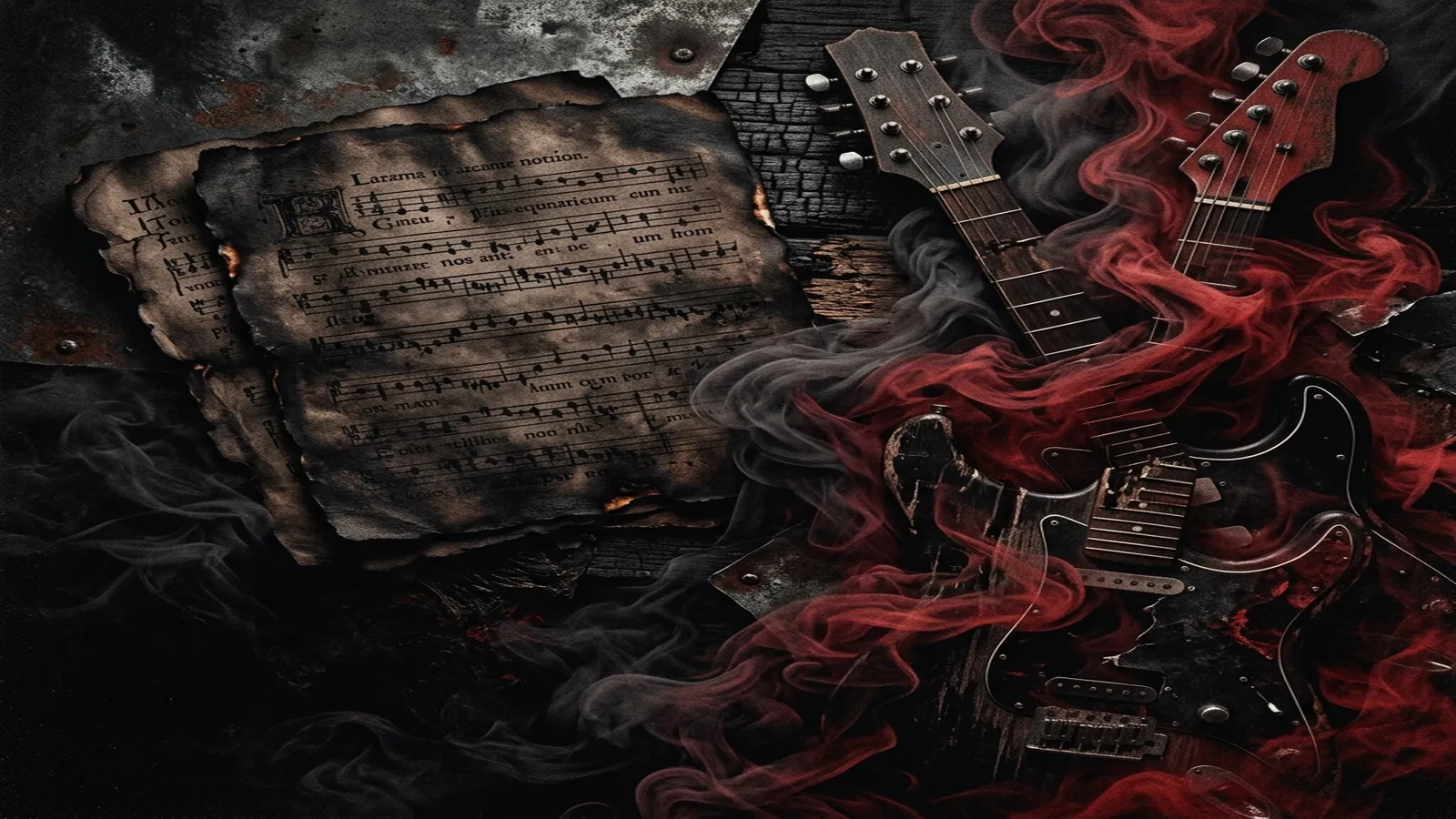 ilustración tributo de partituras medievales sobre pergamino oscuro con espirales de humo y guitarras fragmentadas, textura de madera antigua y metal pulido, paleta rojo y negro, sin rostros ni logos