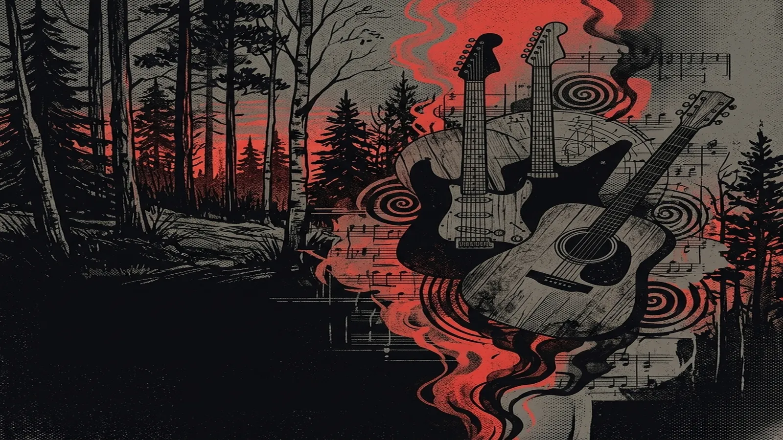 ilustración tributo de un collage de bosque sueco, guitarras acústicas y eléctricas superpuestas, partituras a medio borrar y espirales de humo sobre fondo negro, paleta rojo y negro intensa, sin texto ni logotipos