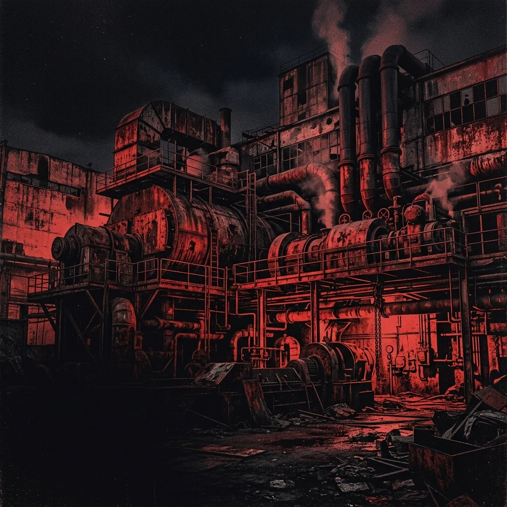 ilustración tributo de una planta eléctrica abandonada de noche con maquinaria oxidada y tubos de vapor bajo luz rojiza intensa, atmósfera death metal industrial sueco, sin rostros reconocibles ni logos, paleta rojo y negro