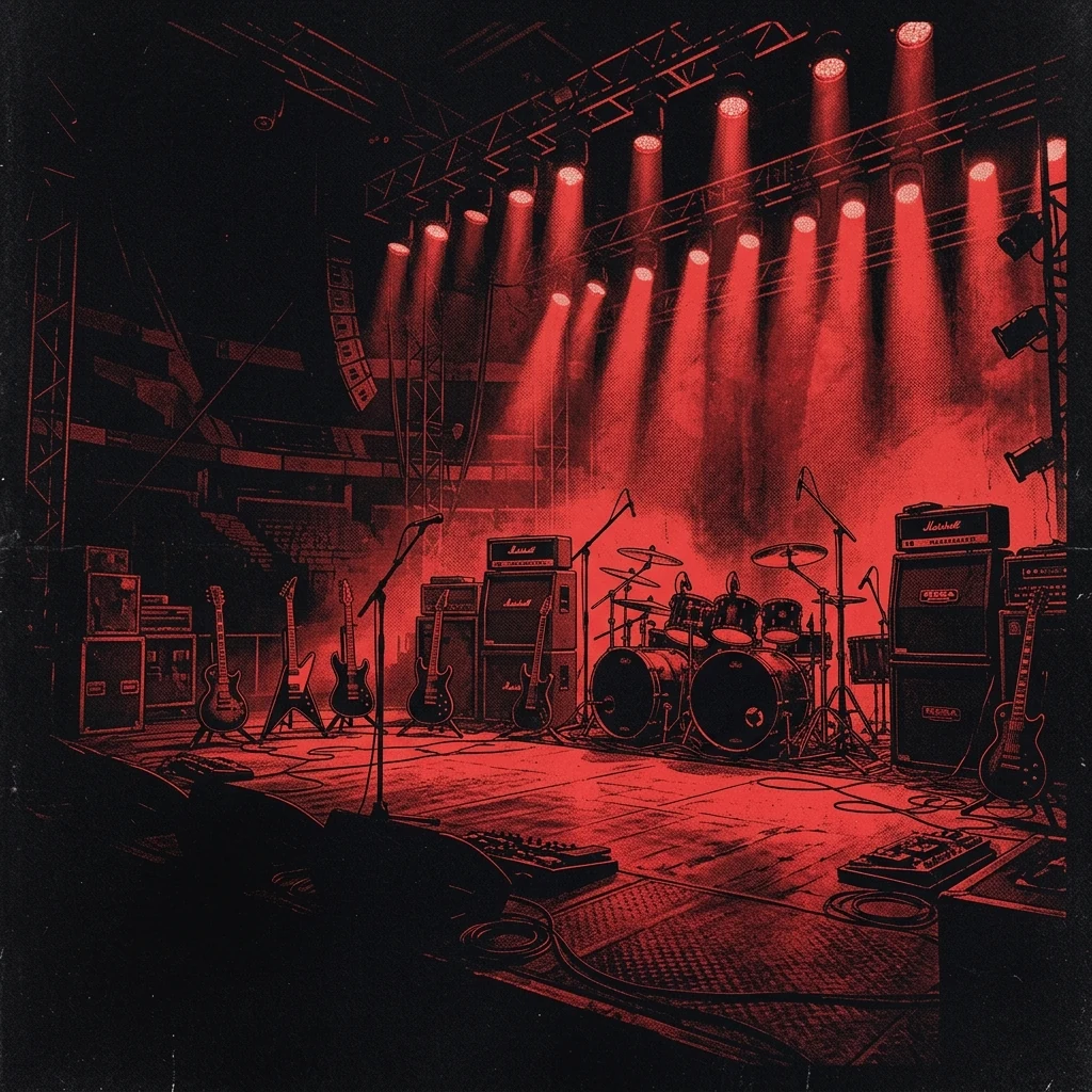 ilustración tributo de un escenario de arena iluminado con focos cenitales rojos sobre siluetas de guitarras y amplificadores, atmósfera metal sueco de gira internacional masiva, sin rostros ni logos, paleta rojo y negro