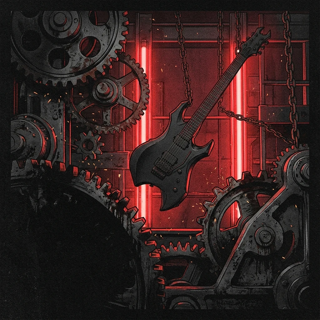 ilustración tributo de una guitarra eléctrica de metal pesado suspendida entre engranajes industriales y luces de neón rojas, atmósfera melodic death metal sueco contemporáneo, sin texto ni logotipos, paleta rojo y negro con destellos de acero