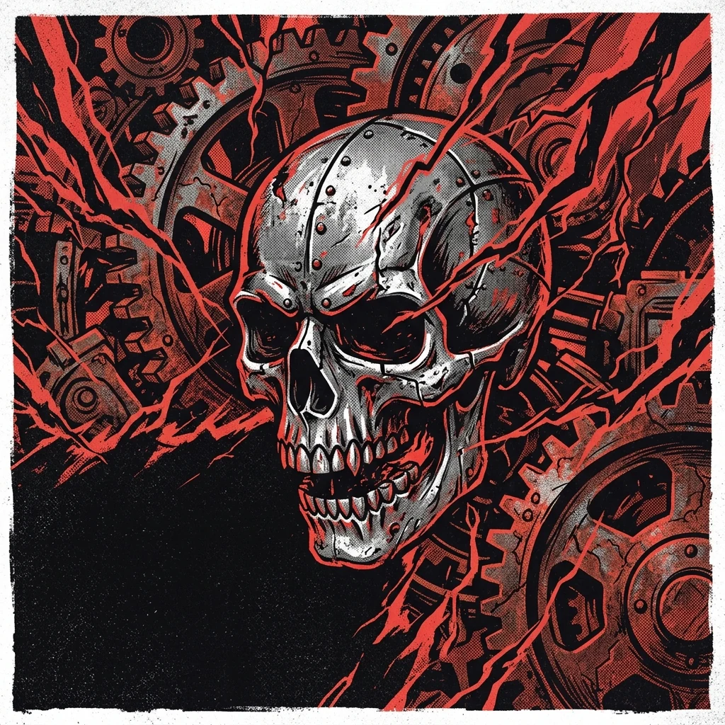 ilustración tributo de una calavera metálica sobre un fondo de engranajes oxidados y relámpagos en rojo y negro, estética thrash metal industrial de los años 80, sin rostros reconocibles ni logos