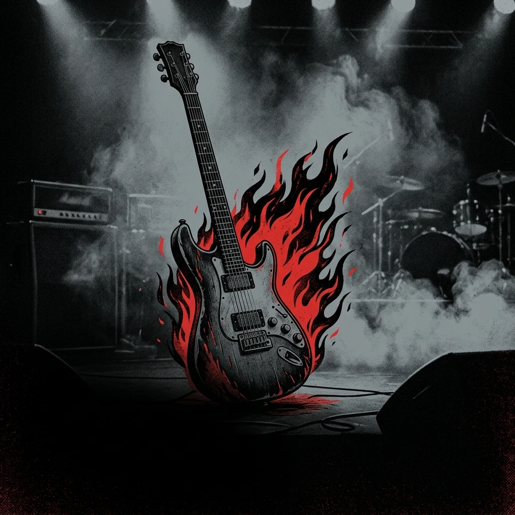 ilustración tributo de una guitarra eléctrica con llamas en rojo y negro sobre un escenario vacío con humo, atmósfera oscura y eléctrica de concierto thrash metal, sin rostros ni logos