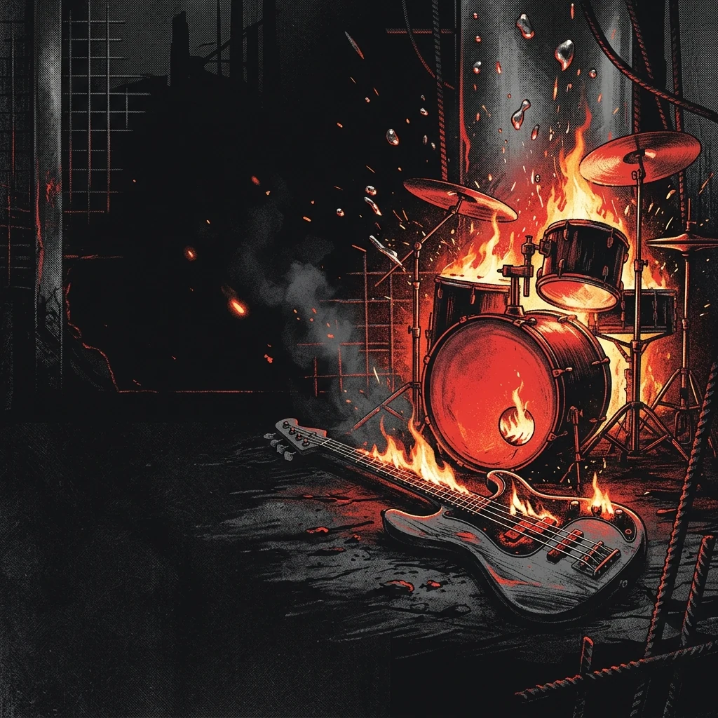 ilustración tributo de un bajo eléctrico y una batería en llamas sobre fondo oscuro con destellos metálicos en rojo y negro, estética thrash metal industrial, sin texto ni logotipos