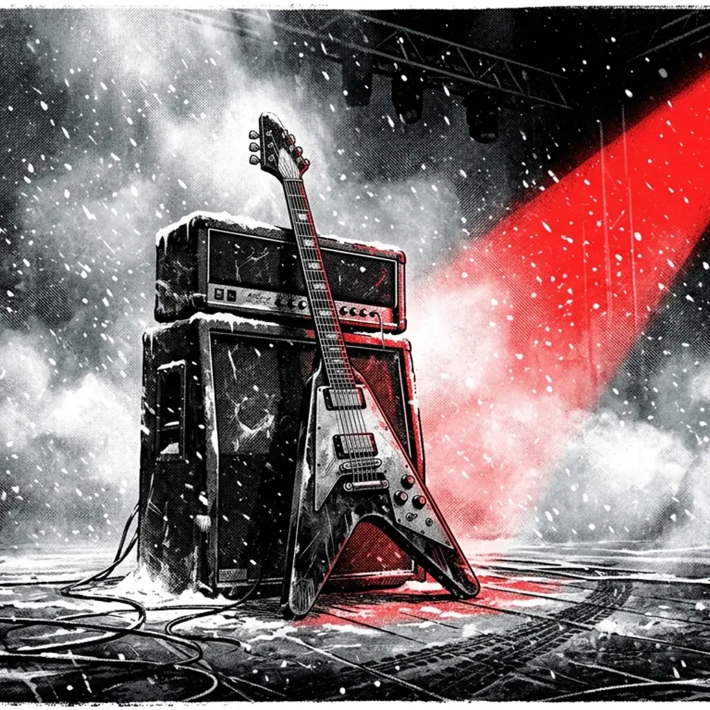 ilustración tributo de una guitarra eléctrica de cuerpo en V apoyada en un escenario barrido por ventisca fría y luz roja, atmósfera heavy metal de principios de los años 80, niebla densa, paleta rojo y negro, sin rostros reconocibles ni logotipos
