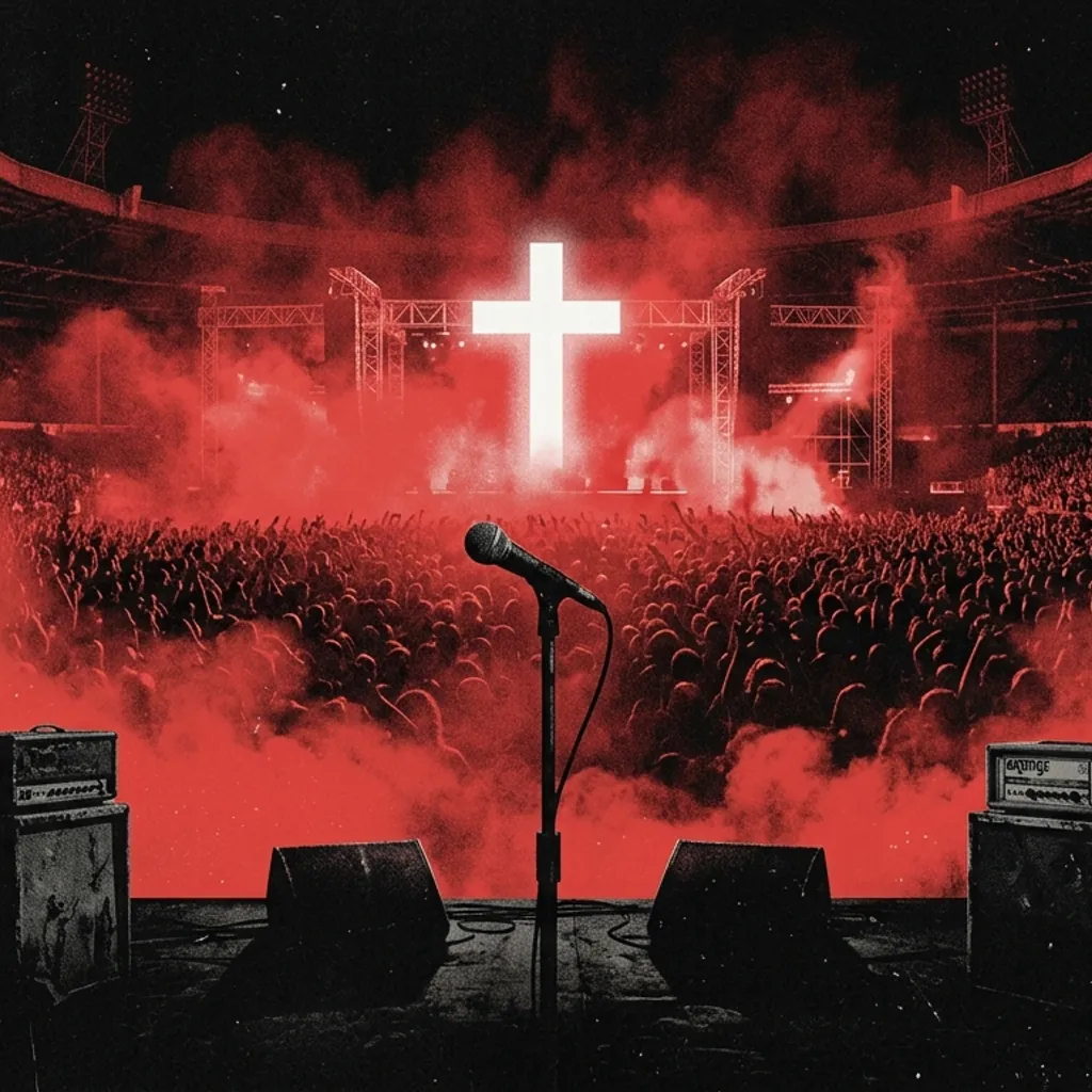 ilustración tributo de un estadio inundado de humo rojo con una cruz de luz blanca al fondo y siluetas de amplificadores y micrófono en primer plano, estética heavy metal de estadio de los años 90, paleta rojo y negro, sin rostros ni logotipos
