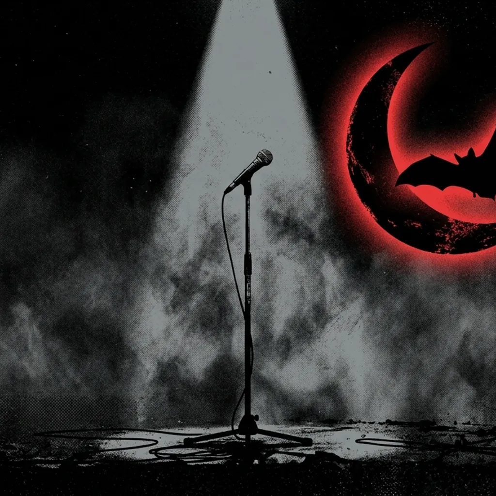 ilustración tributo de un micrófono solitario bajo un foco en la oscuridad, con la silueta de un murciélago y una luna creciente al fondo, estética Príncipe de las Tinieblas, paleta rojo y negro intensos, sin texto ni logotipos