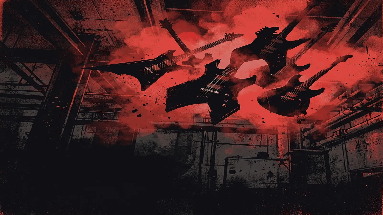 ilustración tributo atmosférica de guitarras eléctricas suspendidas en humo rojo y negro sobre un fondo industrial, energía brutal y oscura, sin rostros reconocibles ni logos, paleta rojo sangre y negro absoluto
