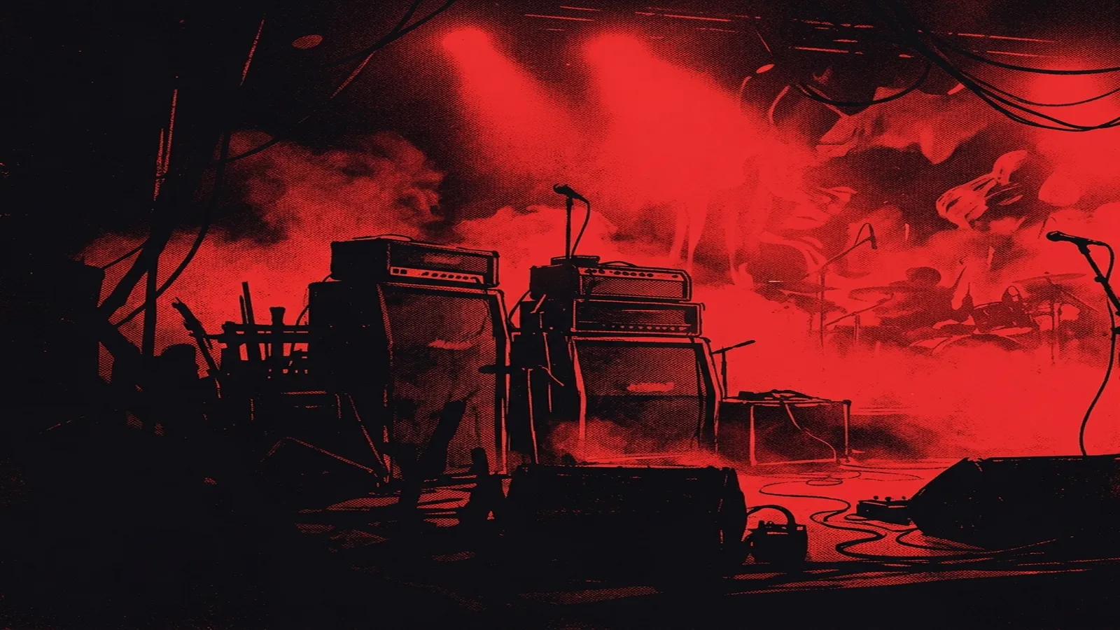 ilustración tributo de un escenario bañado en luz roja sangre con siluetas de amplificadores y micrófonos en primer plano, humo denso y electricidad estática, paleta rojo y negro, sin rostros ni logos