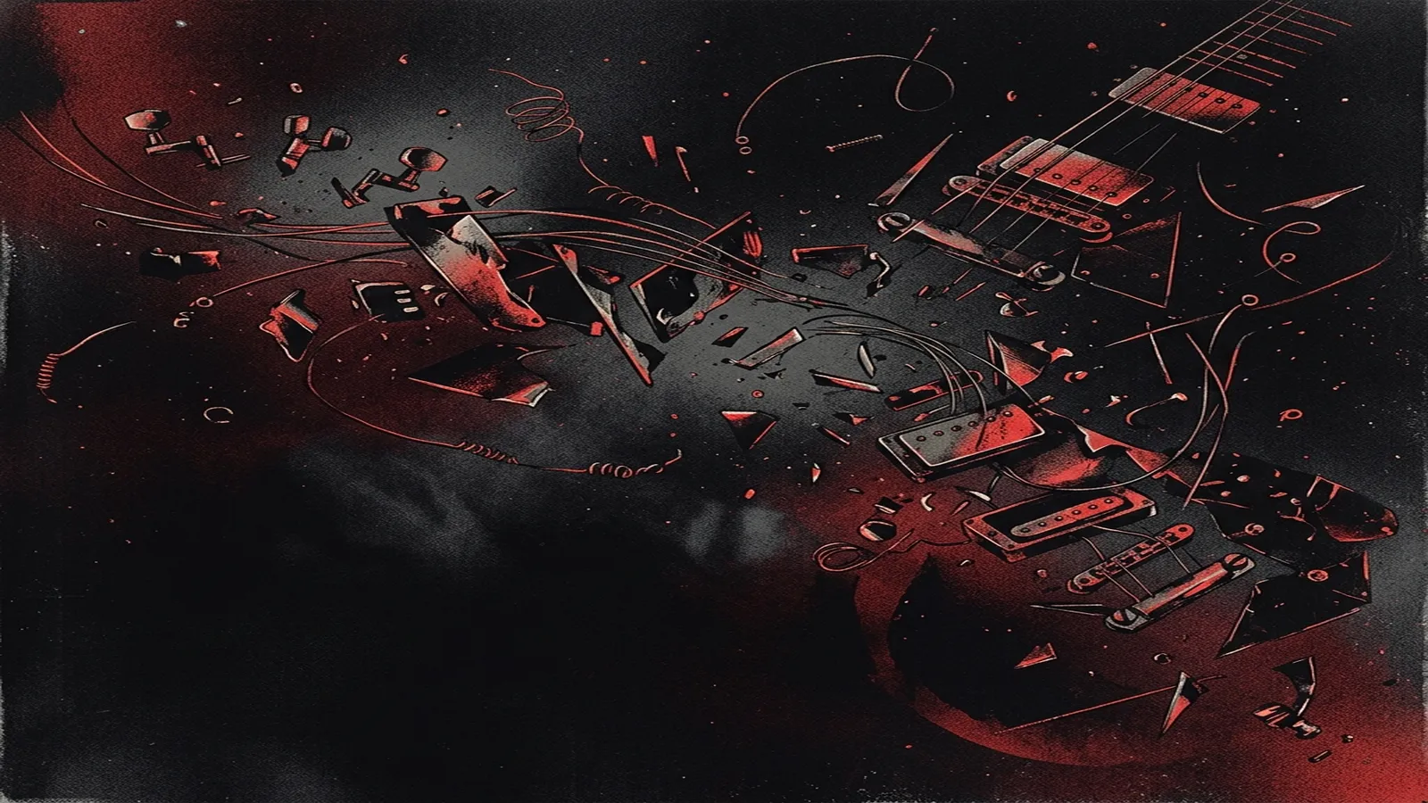 ilustración tributo de una constelación de fragmentos metálicos y cuerdas de guitarra flotando en un espacio negro y rojo, geometría caótica y ordenada a la vez, sin texto ni logotipos, paleta rojo sangre y negro puro