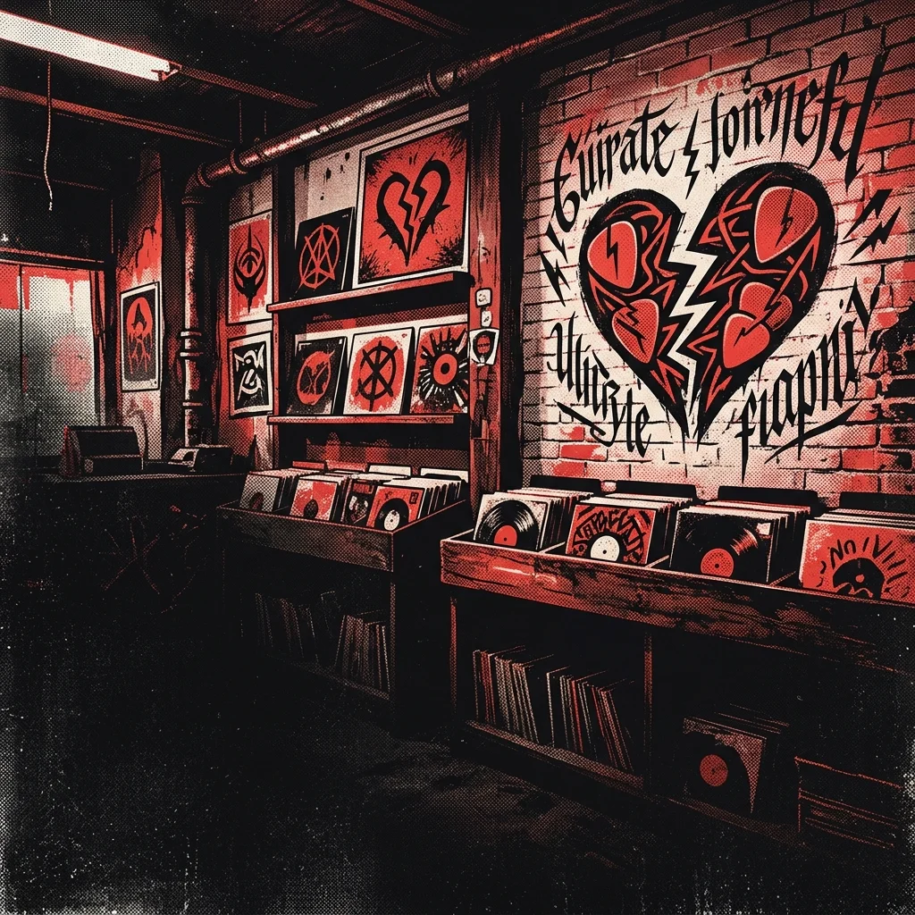 ilustración tributo de estética emo-punk de los 2000, corazón roto estilizado con púas de guitarra y tipografía dramática imaginaria, paleta rojo y negro, sin rostros ni logos