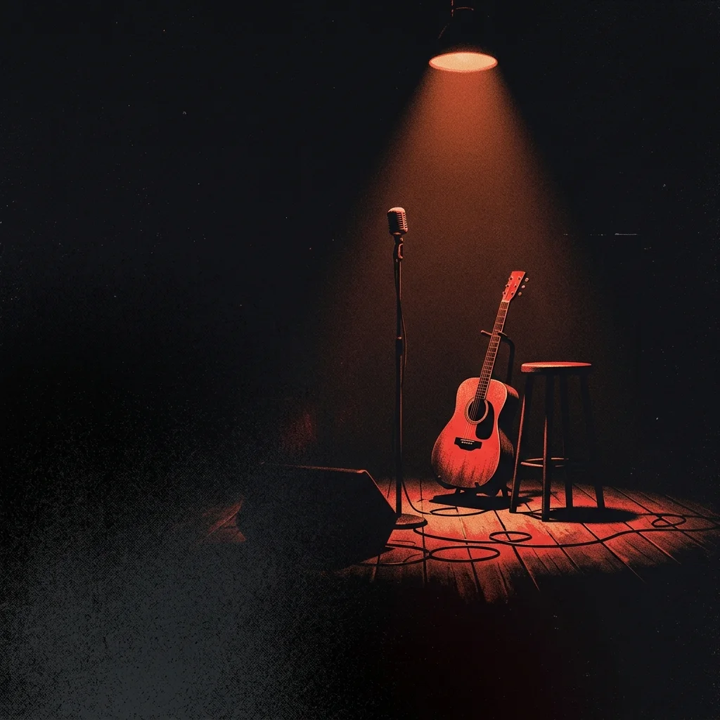 ilustración tributo de un escenario íntimo con instrumentos acústicos bajo una sola luz cálida, atmósfera melancólica, paleta rojo y negro, sin rostros ni logos