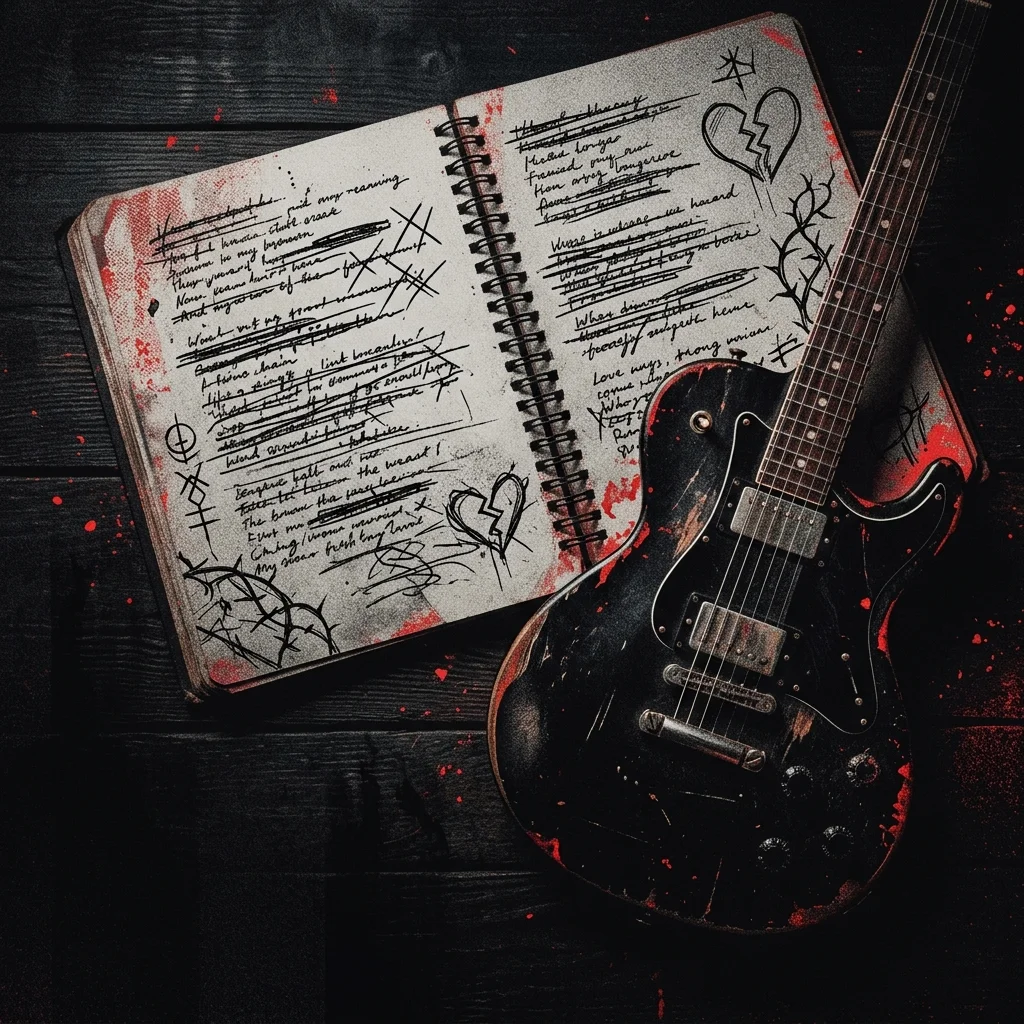 ilustración tributo de un cuaderno con letras de canciones y una guitarra eléctrica sobre fondo oscuro con acentos rojos, estética emo-literaria, sin texto legible ni logotipos