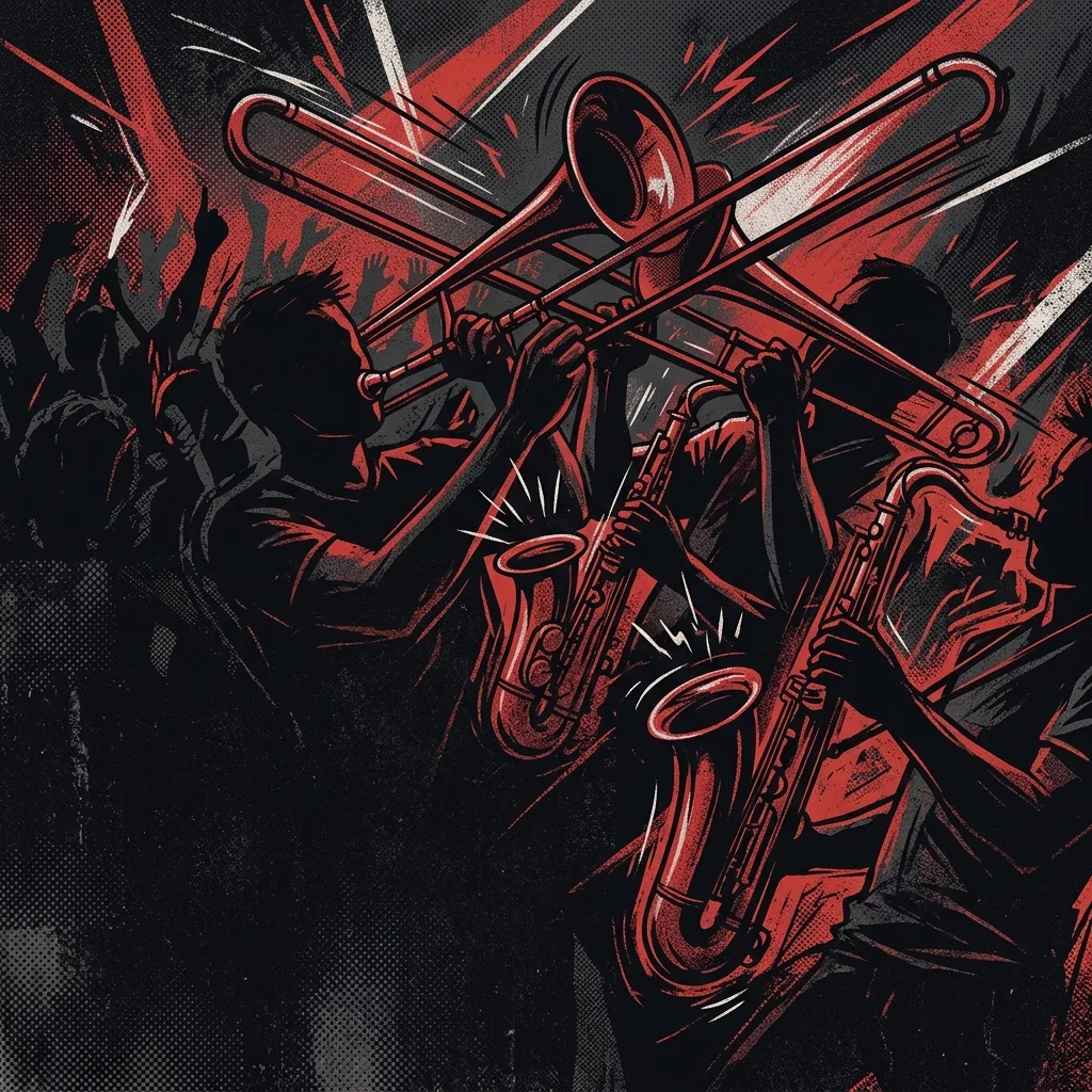 ilustración tributo estilo arte gráfico ska-punk: trombones y saxofones en diagonal sobre fondo negro con detalles en rojo intenso, líneas de movimiento que sugieren energía de concierto, estética gritty urbana sin rostros ni logos