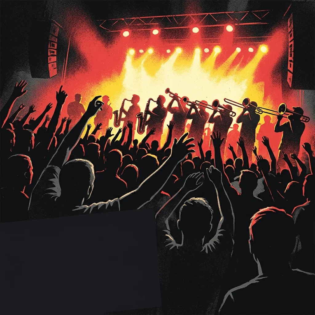 ilustración tributo de escenario de concierto ska visto desde abajo: siluetas de público con los brazos en alto, luces de escena en rojo y amarillo, instrumentos de viento al frente, energía de masa sin identificar personas reales