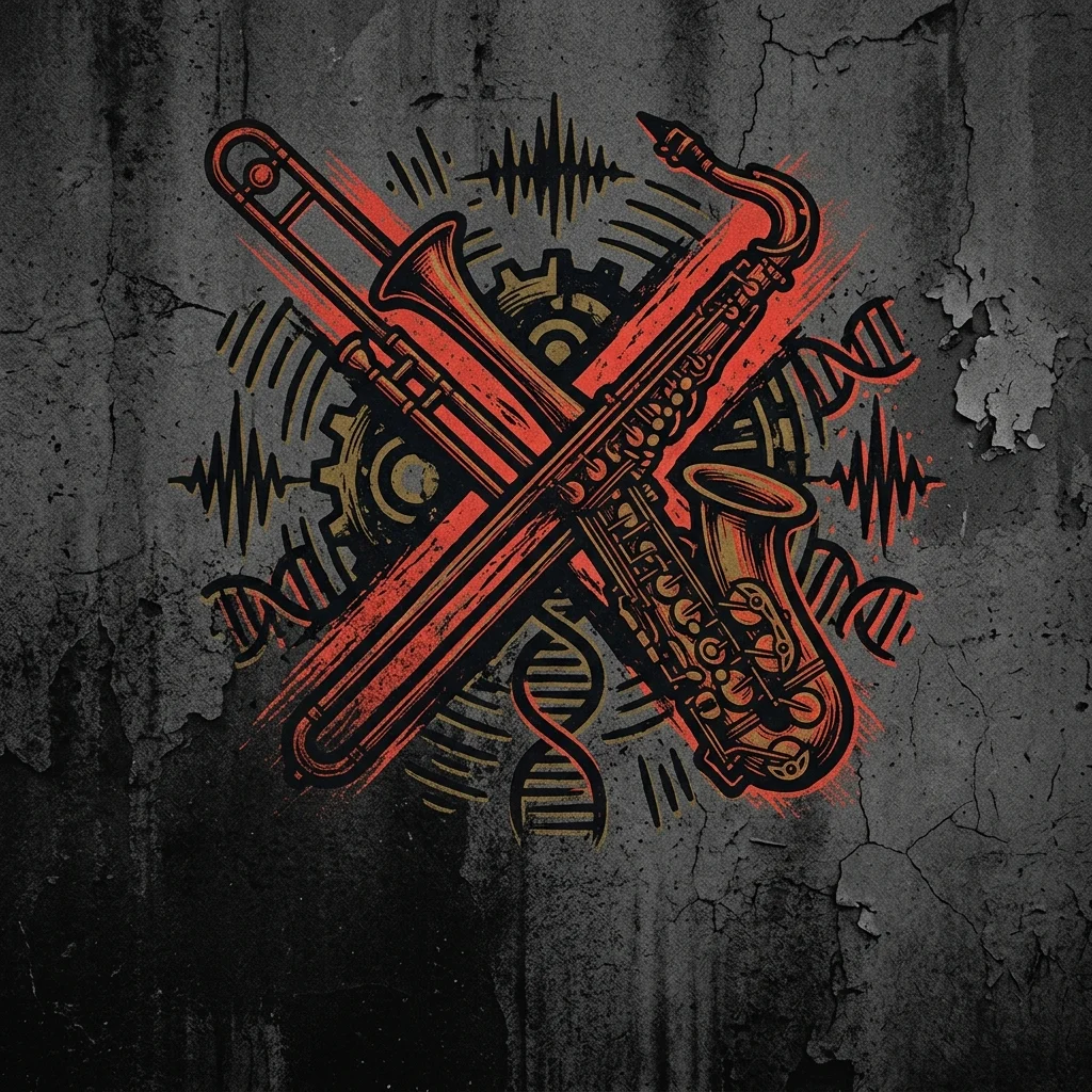 ilustración tributo con estética grabado retro: trombón y saxo cruzados en forma de X sobre fondo con texturas de concreto urbano, paleta rojo-negro-dorado, tipografía imaginaria de cartel de concierto, cero fotografías o caras reales