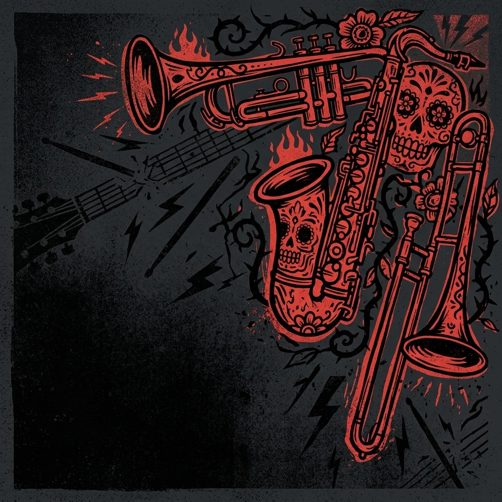 ilustración tributo estilo serigrafía punk: instrumentos de viento estilizados con detalles de calaveras mexicanas decorativas sobre fondo negro, líneas gruesas en tinta roja, estética de póster de concierto underground sin imágenes reales