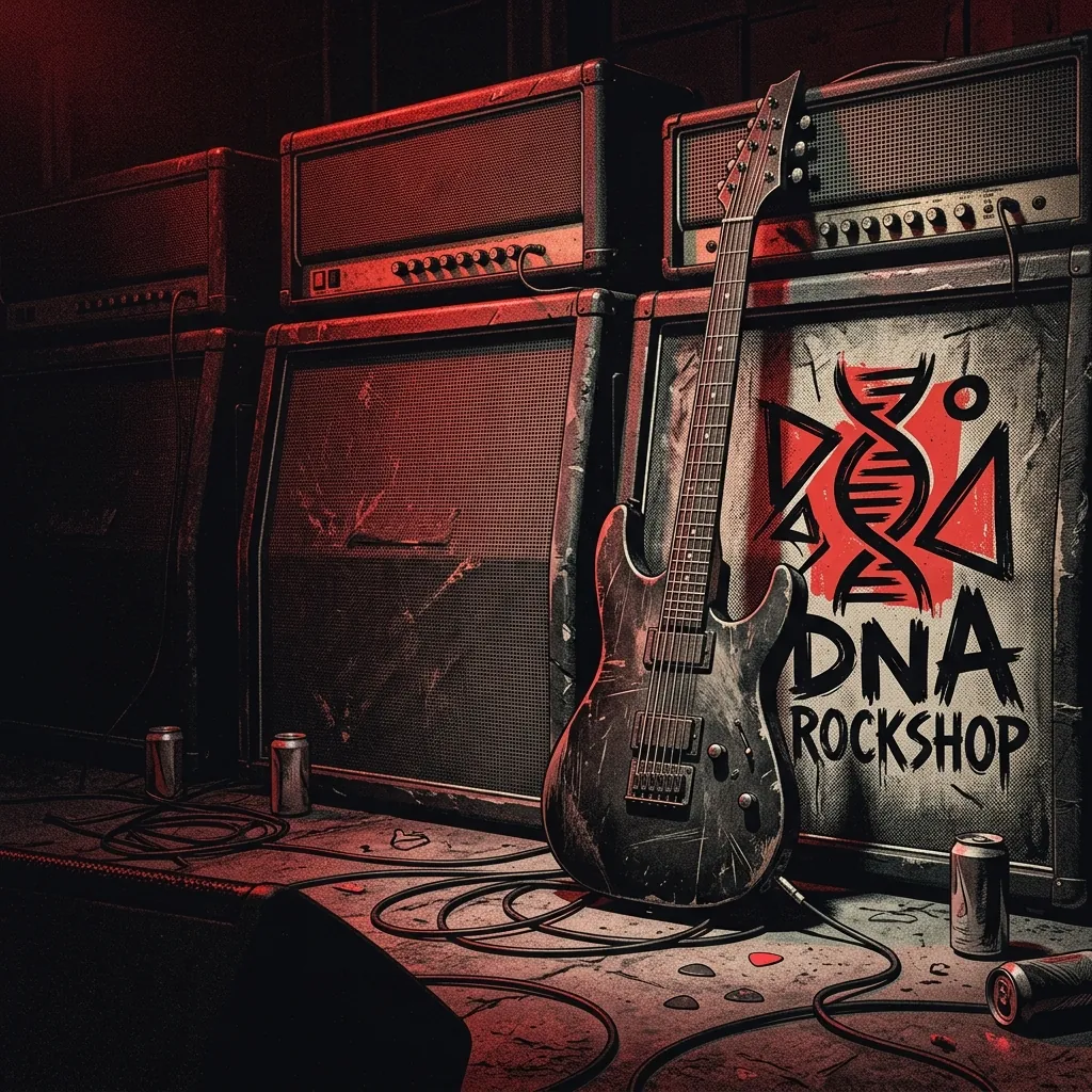 ilustración tributo de una guitarra eléctrica de cuerdas pesadas apoyada contra una pila de amplificadores en un local de ensayo de Texas, atmósfera de metal callejero años 80 y 90, luz roja rasante, sin rostros reconocibles ni logos