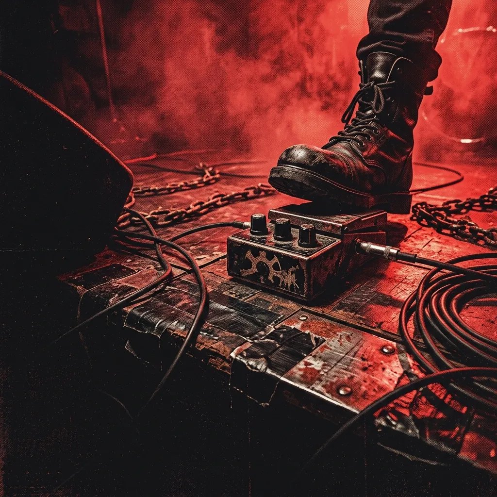 ilustración tributo de un escenario de estadio con una batería gigante iluminada en rojo y siluetas de amplificadores Marshall en formación, atmósfera de concierto de metal de los años 90, niebla de escenario espesa, paleta rojo y negro, sin rostros ni logos