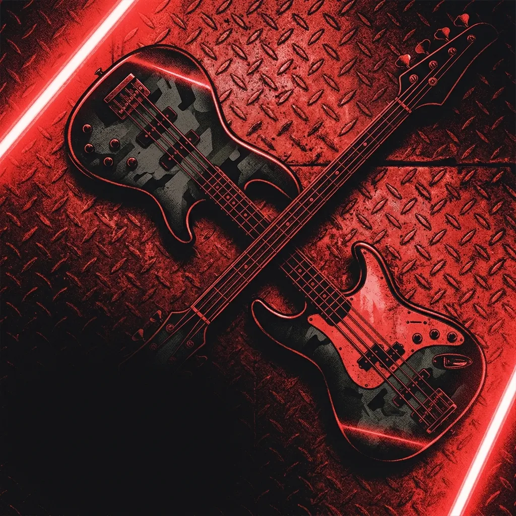 ilustración tributo de una guitarra eléctrica de cuerpo macizo suspendida en el centro de una lluvia de chispas metálicas sobre fondo negro, con amplificadores encendidos en rojo al fondo, estética groove metal de los 90, paleta rojo y negro, sin texto ni logotipos