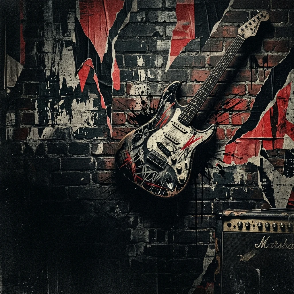 ilustración tributo de una guitarra eléctrica distorsionada sobre un fondo de grafiti urbano en rojos y negros, atmósfera caótica y juvenil del norte de California en los 90, sin rostros reconocibles ni logos