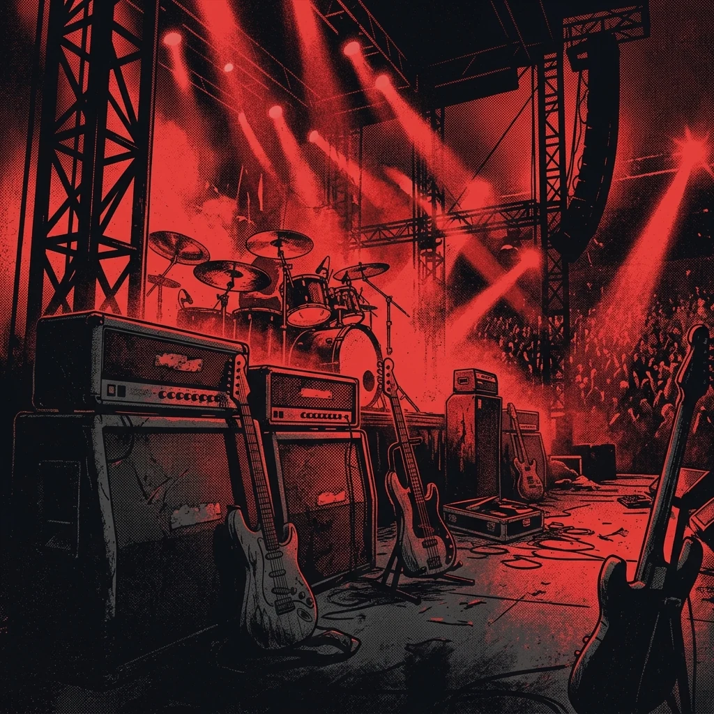 ilustración tributo de un escenario de estadio bañado en luces rojas con guitarras y amplificadores en primer plano, energía masiva y explosiva, paleta rojo y negro, sin rostros reconocibles ni logos