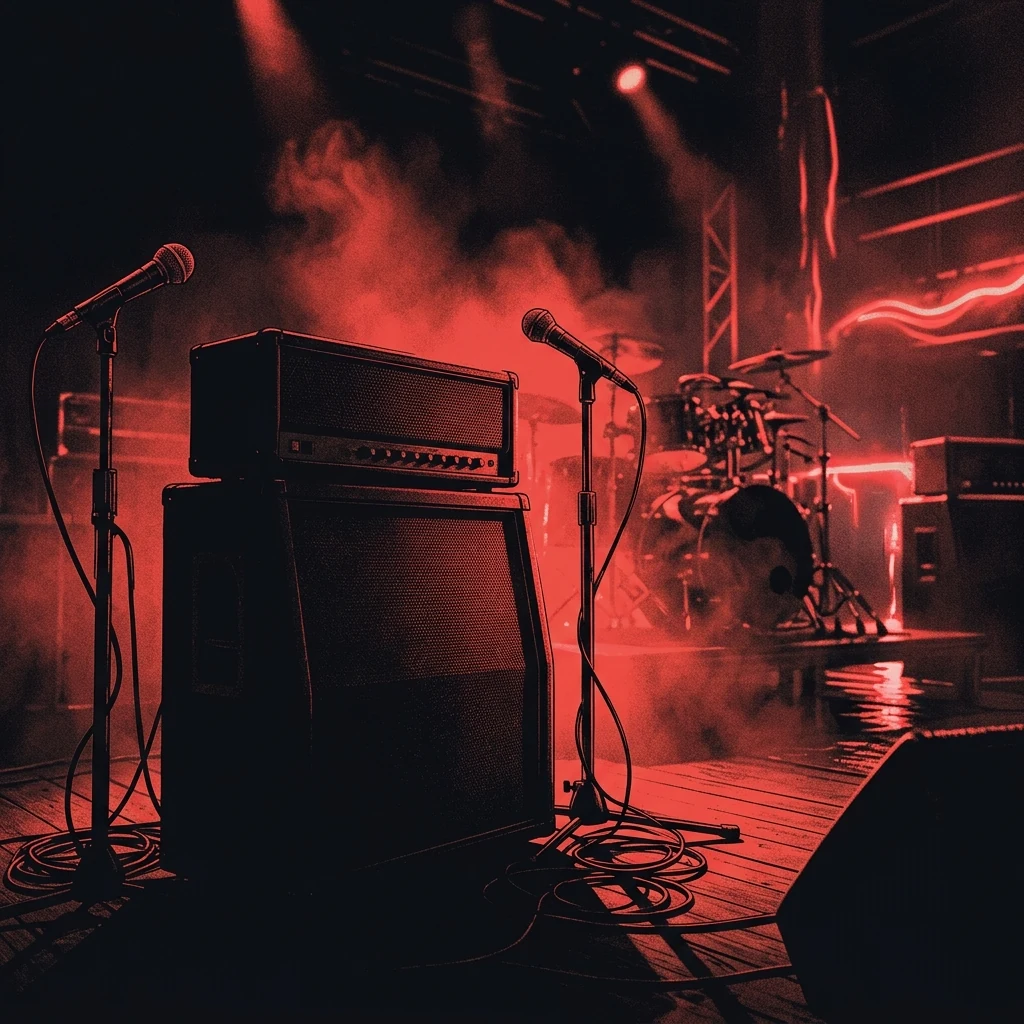 ilustración tributo de un amplificador y micrófonos en un escenario oscuro con destellos de luz roja y neón, atmósfera de concierto nu-metal de los 2000, paleta rojo y negro, sin texto ni logotipos