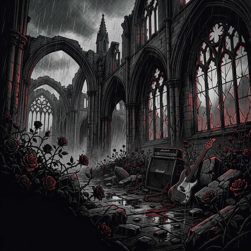 ilustración tributo de una catedral gótica en ruinas bajo lluvia perpetua en el norte de Inglaterra, vitrales rotos con luz mortecina, rosas negras entre escombros de piedra gris, atmósfera de doom metal británico de finales de los 80, sin rostros reconocibles ni logos, paleta rojo y negro