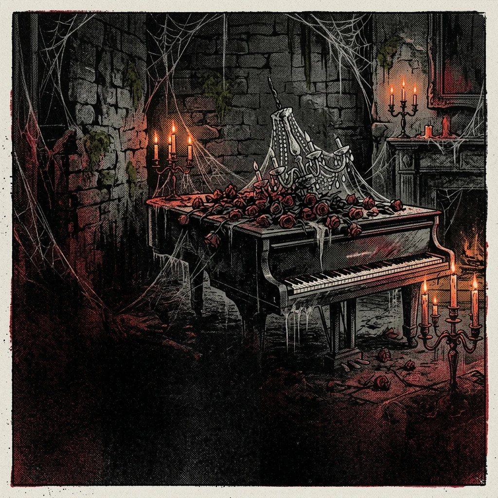 ilustración tributo de un salón victoriano abandonado con polvo y telarañas, candelabros rotos sobre piano de cola cubierto de rosas marchitas, luz de vela naranja contra paredes de piedra negra húmeda, atmósfera de gothic metal británico de los 90, sin rostros ni logos, paleta rojo y negro