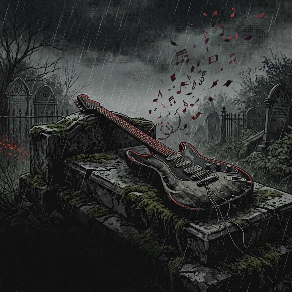 ilustración tributo de una guitarra eléctrica con cuerda rota sobre lápida de piedra cubierta de musgo, notas musicales flotando como ceniza en el aire, lluvia fina sobre cementerio victoriano inglés bajo cielo de tormenta, sin texto ni logotipos, paleta rojo y negro