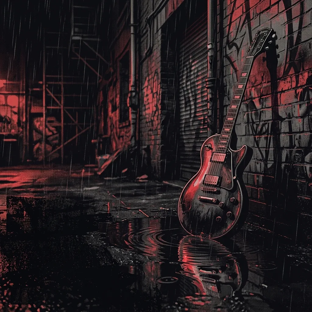 ilustración tributo de una guitarra eléctrica brillante reflejando luces de neón en un charco oscuro, lluvia constante, estética emo-pop, paleta rojo y negro intenso, sin rostros ni logotipos