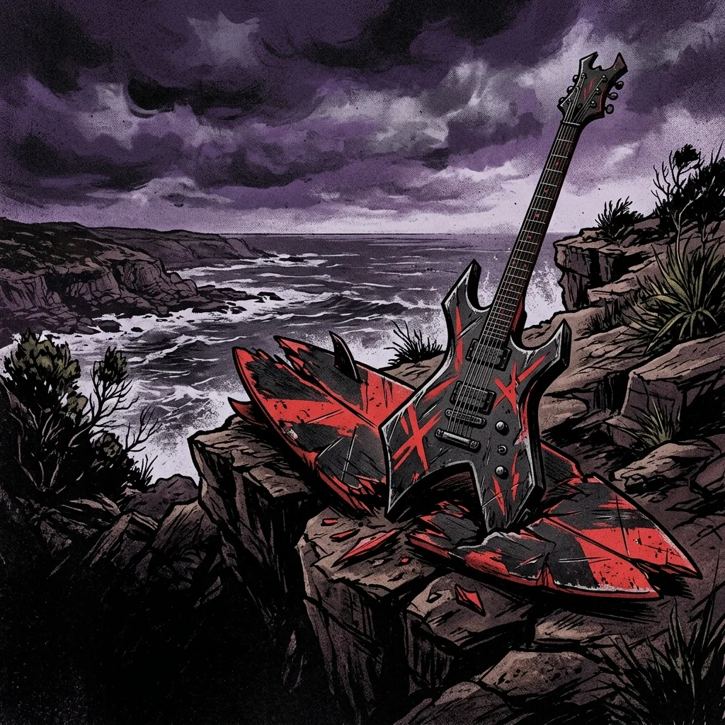 ilustración tributo de una guitarra eléctrica sobre una tabla de surf fragmentada en un acantilado australiano bajo un cielo nublado y violáceo, atmósfera metalcore salvaje años 2000, sin rostros reconocibles ni logos, paleta rojo y negro