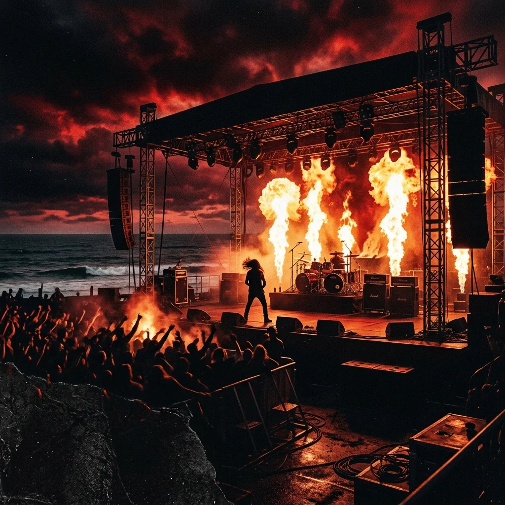 ilustración tributo de un escenario de concierto colosal con columnas de fuego y un horizonte oceánico de fondo bajo un cielo negro y rojo, atmósfera heavy metal australiano contemporáneo, sin rostros ni logos, paleta rojo y negro intensa