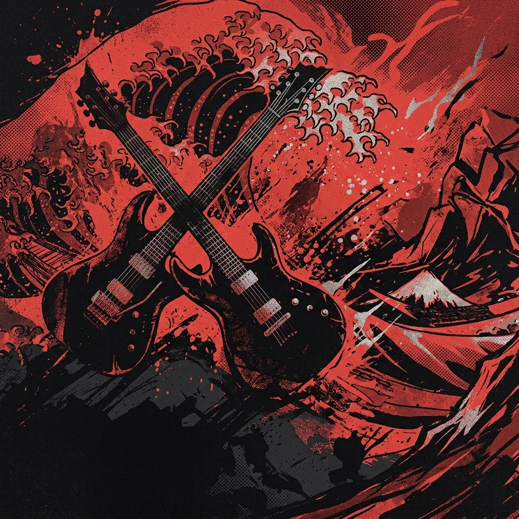 ilustración tributo de dos guitarras eléctricas cruzadas sobre un fondo de olas oceánicas abstractas en tinta negra y roja, atmósfera metalcore australiano contemporáneo, sin texto ni logotipos, paleta rojo y negro con destellos plateados