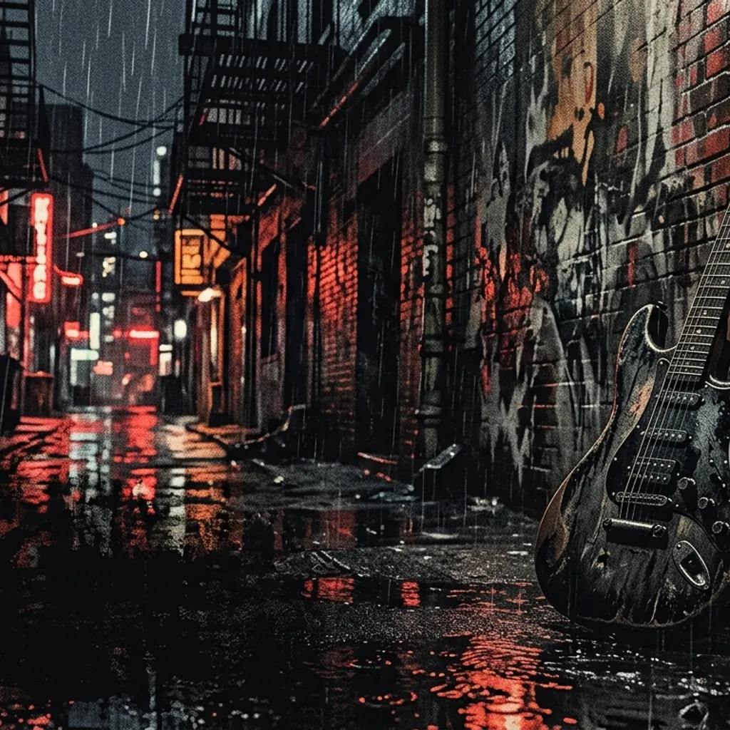 ilustración tributo de una guitarra eléctrica distorsionada bajo la lluvia de Seattle en un callejón urbano, luces neón reflejadas en el asfalto mojado, atmósfera oscura e intensa, paleta rojo y negro, sin rostros reconocibles ni logos