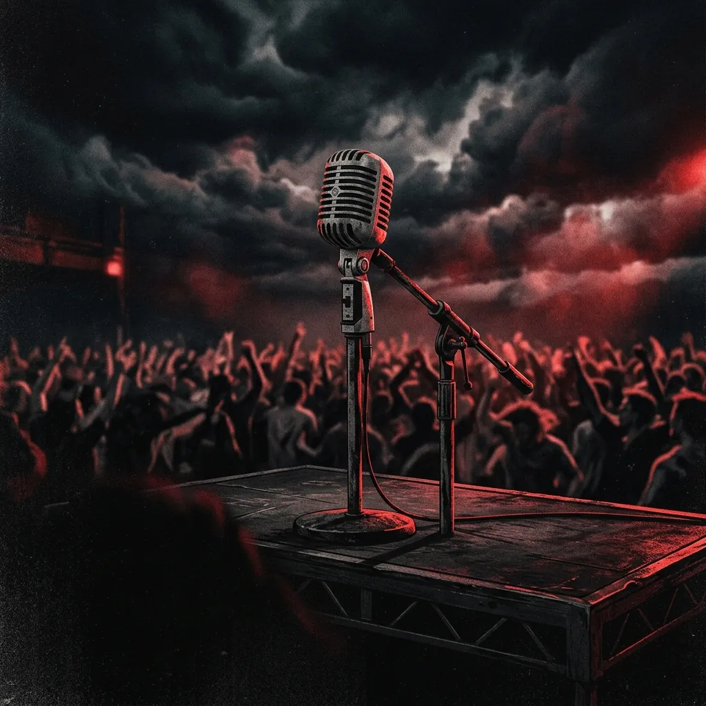 ilustración tributo de un micrófono vintage en el centro de un escenario al aire libre bajo un cielo tormentoso, multitud difuminada al fondo, atmósfera épica y emotiva, paleta rojo y negro, sin rostros ni logos