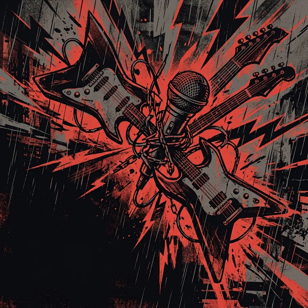 ilustración tributo de cuatro guitarras y un micrófono entrelazados en una composición dinámica con relámpagos y lluvia, estética grunge de los 90, paleta rojo y negro, sin texto ni logotipos