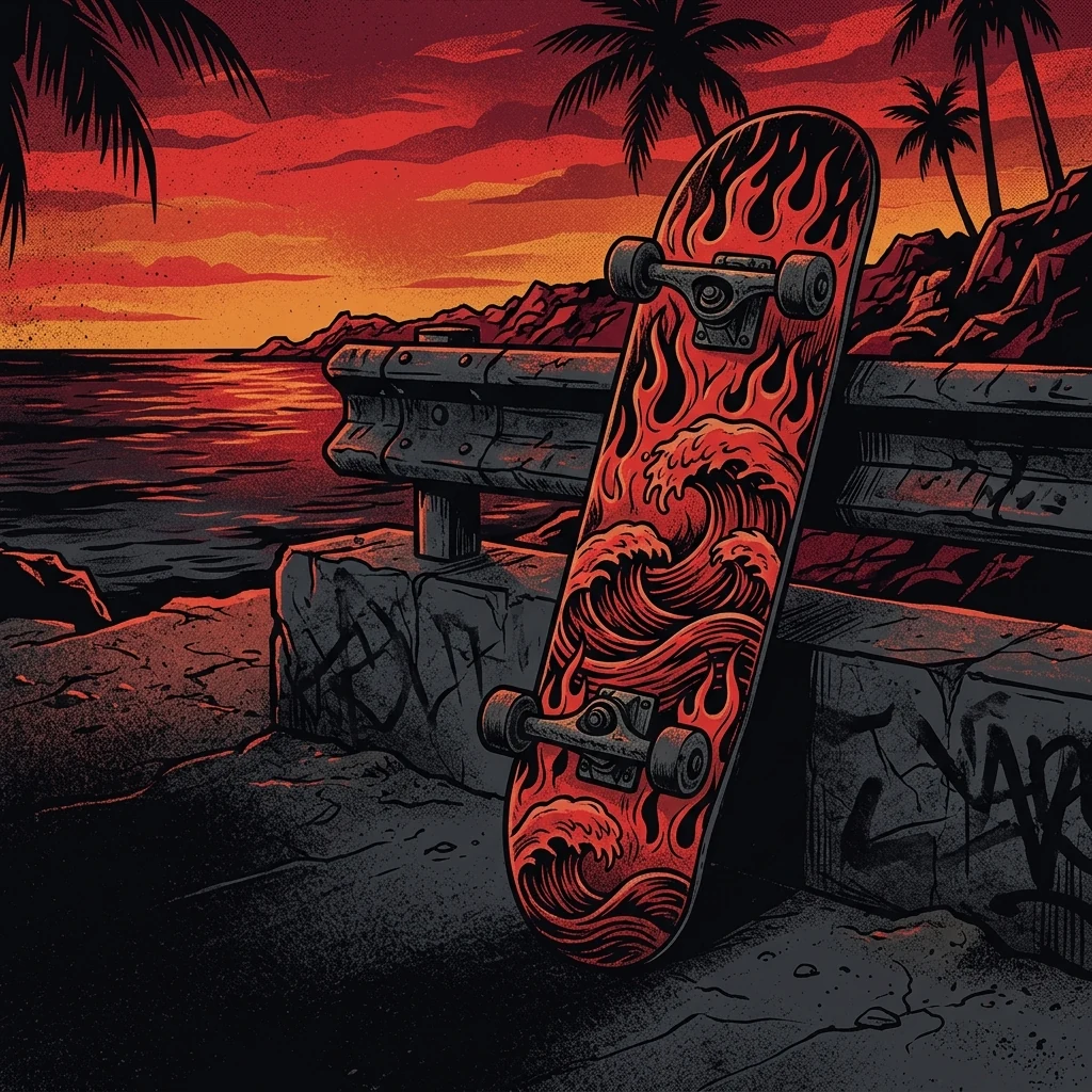 ilustración tributo de una tabla de skateboard con detalles de llamas y ondas californianas frente a un cielo de atardecer costero, sin rostros reconocibles ni logos, paleta rojo y negro intensa