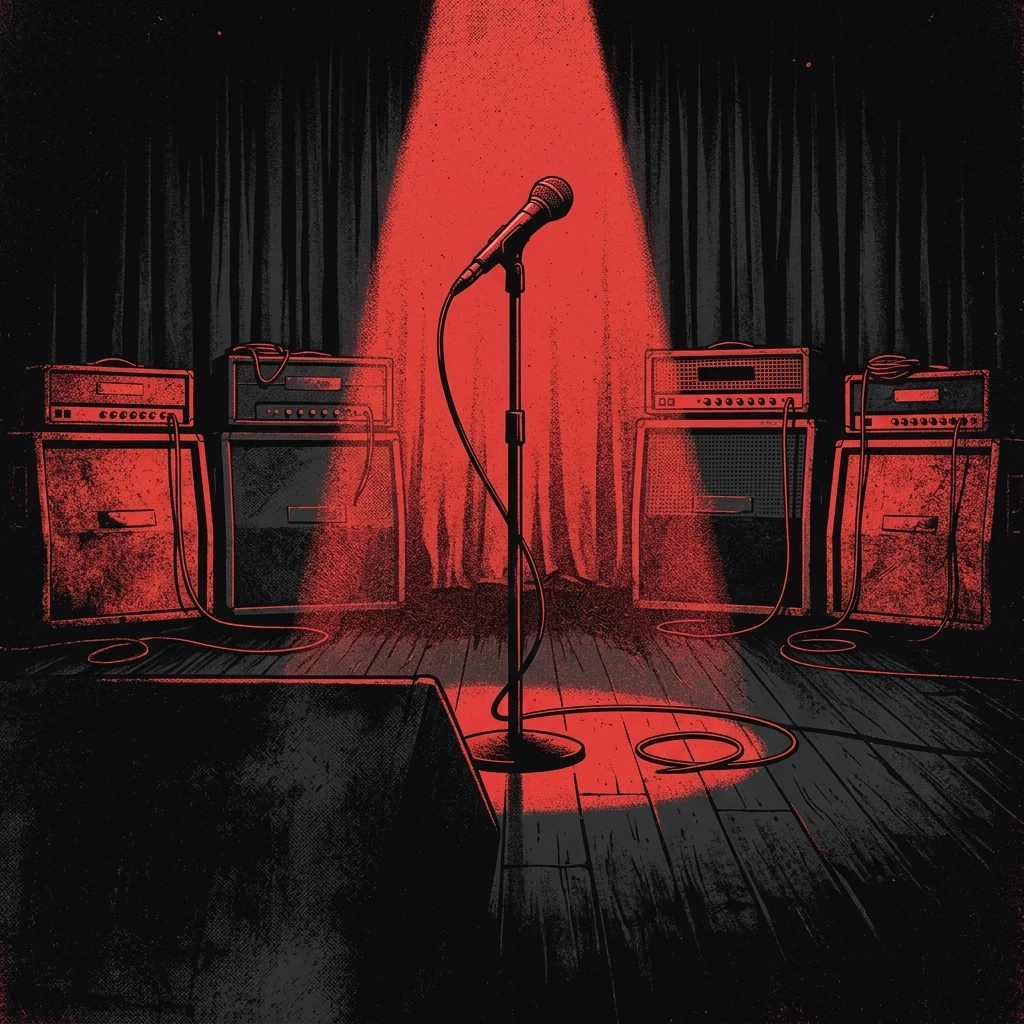ilustración tributo de un micrófono iluminado por un reflector solitario sobre un escenario vacío con amplificadores al fondo, atmósfera de homenaje y resiliencia, paleta rojo y negro, sin rostros ni logos